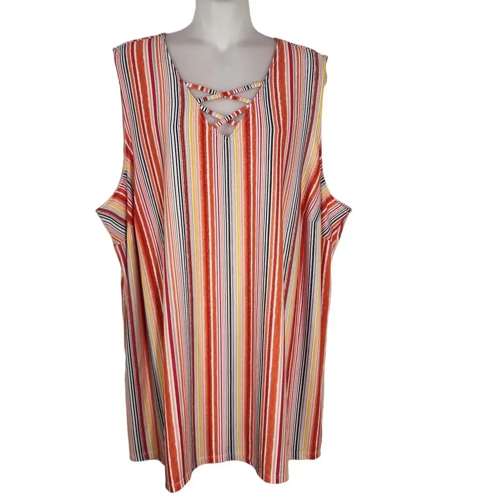 Catherines Black Label Womens Tank Top 2X Sleeveless Orange Stripes Criss Cross